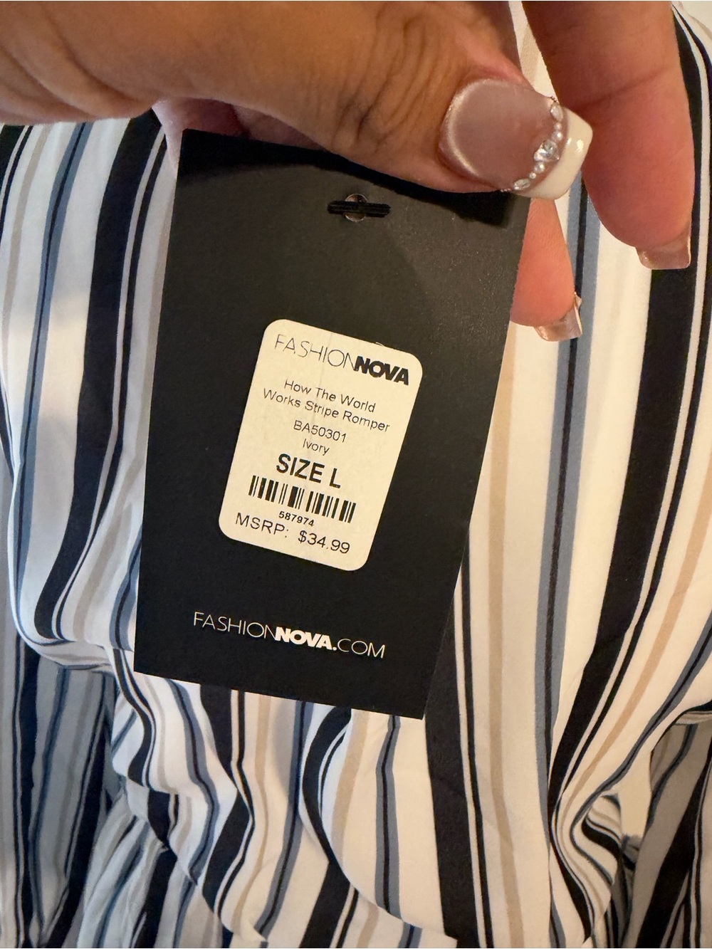Fashion Nova Ivory Romper with Black & Navy Stripes